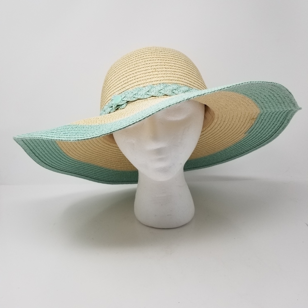 The Girlfriend Hat Wide Brim Hat Stripe Braided Hat Band Baby Blue Natural Paper - Picture 2 of 10
